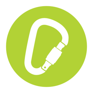 Lime green carabiner clip icon - used to denote adventure activity physical restrictions